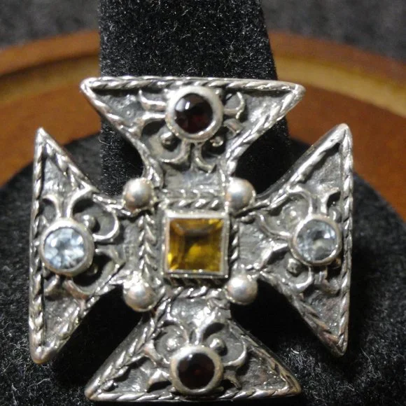 Sterling Silver 925 Iron Cross Pendant W/ Citrine,Garnet,Blue Topaz Crys… - Picture 2 of 5